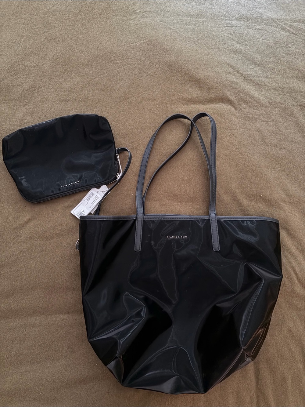 Charles & Keith Black Patent Tote with Small Pouch Set.